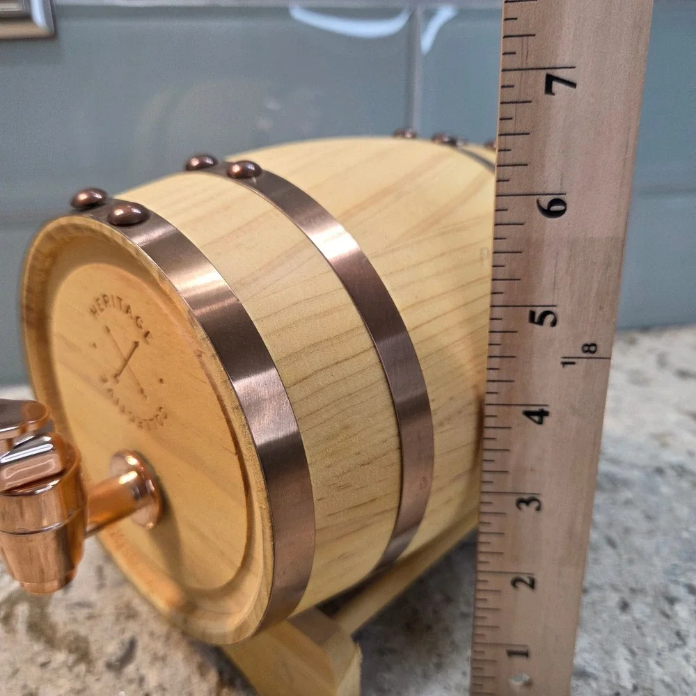 Heritage Collective Wood Whiskey Barrel Dispenser Copper Accents  UNUSED